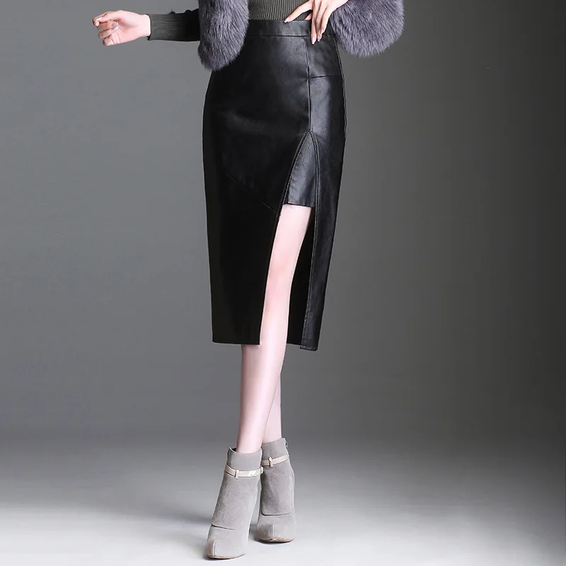 Женская юбка карандаш jupe осенне зимняя с высокой талией из искусственной кожи