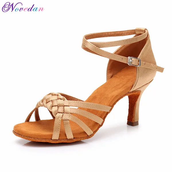 Beige 7cm Heel Женская обувь для девочек, красный, белый каблук средней высоты, 5 см, 7 см, атлас, танго, Самба, латинский, бальный, сальса, танцевальная обувь для женщин - Цвет: Beige 7cm Heel