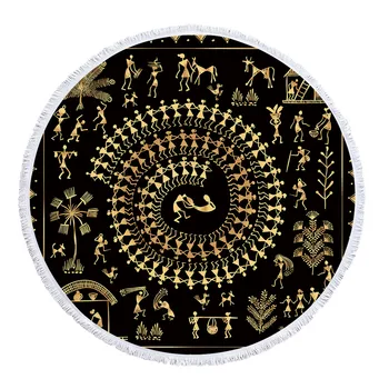 BlessLiving Egyptian Black Gold Round Beach Towel Ancient Art Adult Large Towel Retro Circle Blanket Cover With Tassel 150cm 5