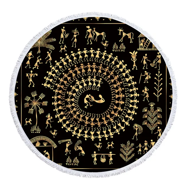 BlessLiving Egyptian Black Gold Round Beach Towel Ancient Art Adult Large Towel Retro Circle Blanket Cover With Tassel 150cm 5