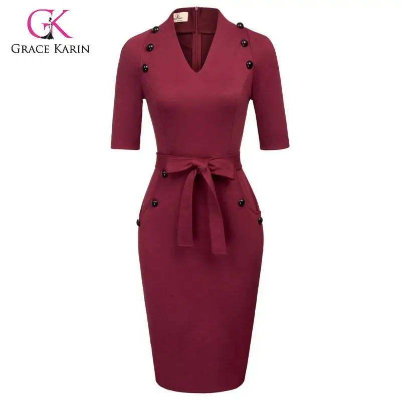 

Grace Karin Women's Retro Dress 1/2 Sleeve V-Neck Buttons Decorated Bodycon Pencil Dress Fashion Lady Elegant Dress