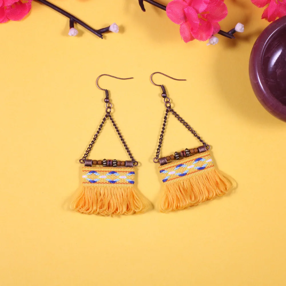 HC Vintage Wooden Bead Tassel Earring Fashion Triangle Pendant Boho Earrings Women Ethnic Style Jewelry Bohemian Drop F | Украшения и
