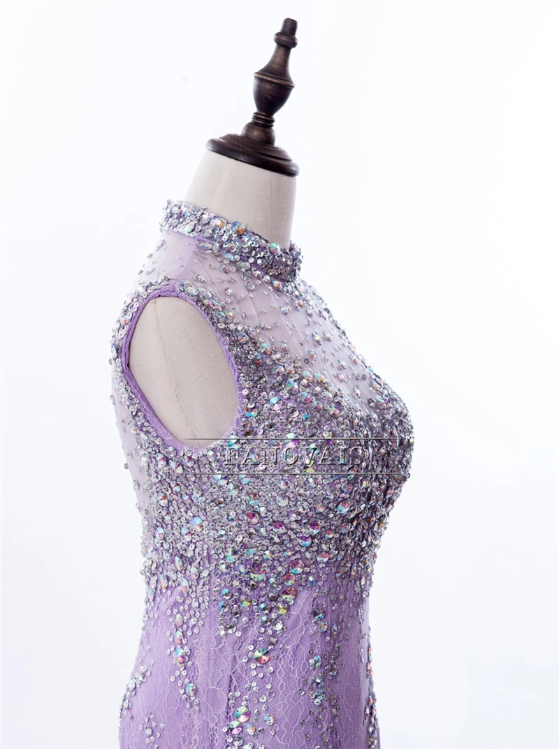 Real Made Lilac Prom Dresses Long High Neck Luxury Crystal Beaded Mermaid Evening Dresses 2019 Vestido de Fiesta Largo PD69