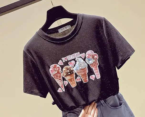 Модная футболка с бриллиантами, женская футболка, хлопковый топ, camisetas verano mujer,, летние топы, футболка, женская одежда, футболка, femme - Цвет: Черный