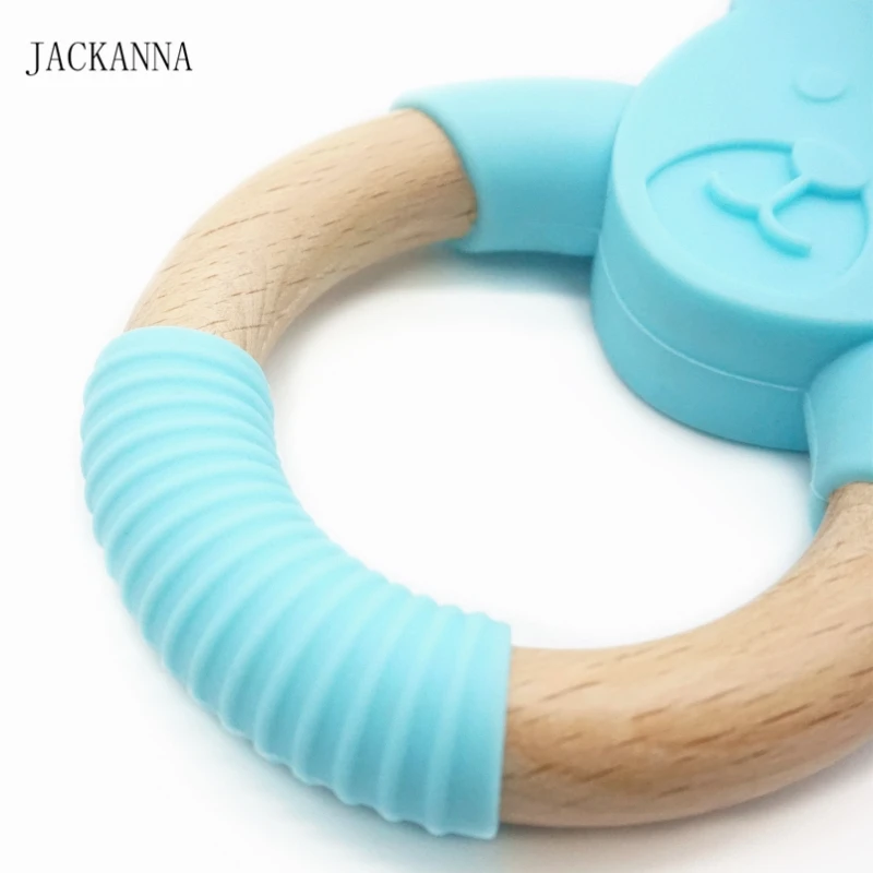 1PC Animal Shape Silicone Teether Wooden Ring Nursing Accessories Chewable Rattle Toy Circle Newborn Shower Gifts Baby Teether