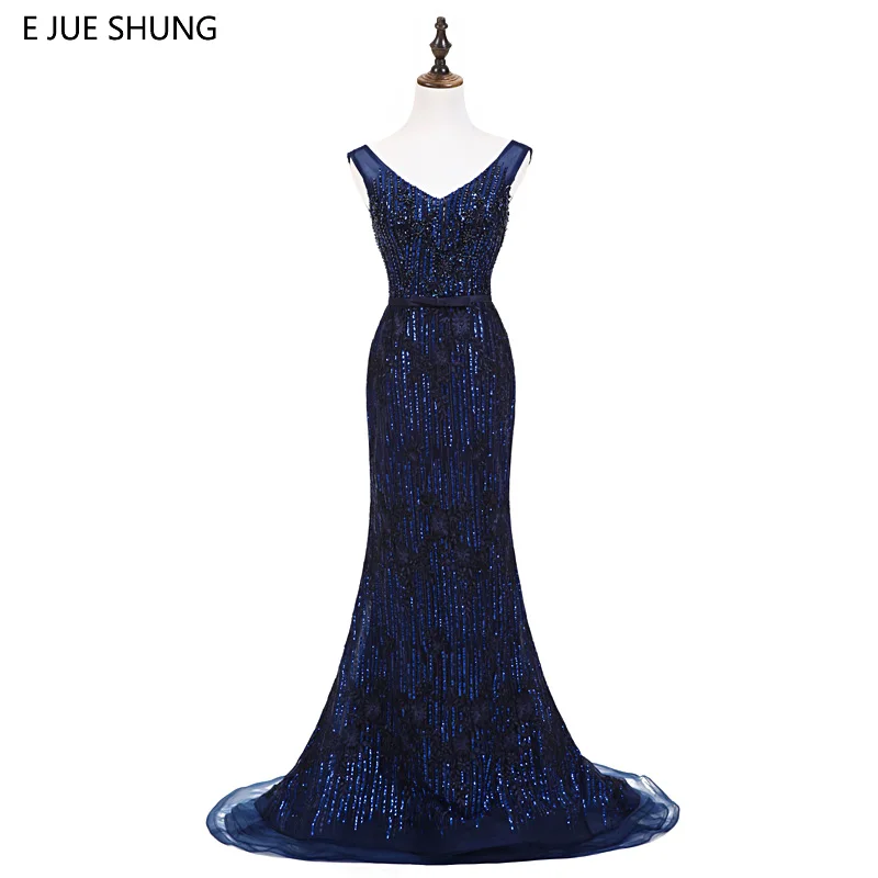 

E JUE SHUNG Navy Blue Sequin Beaded Luxury Mermaid Evening Dresses Long 2018 Evening Gowns Formal Dresses robe longue Real Dress