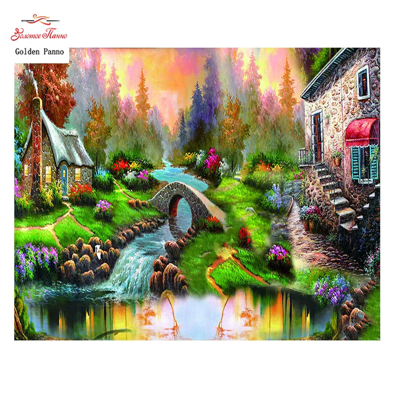 

Golden Panno,Needlework,Embroidery,DIY Scenic planting,Kits,14ct Stone house,Sets For Embroidery,0111
