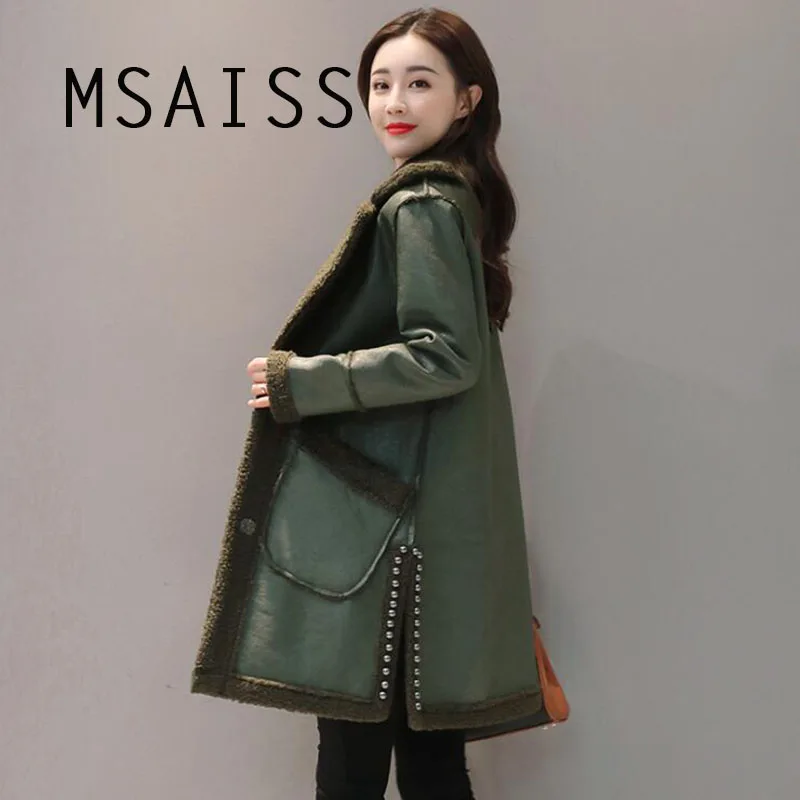 MSAISS Double-sideSheepskin Coat Women Winter Leather Jacket Brown Wine Shearling Coat Fur Collar Warm Leather Jacket Outerwear