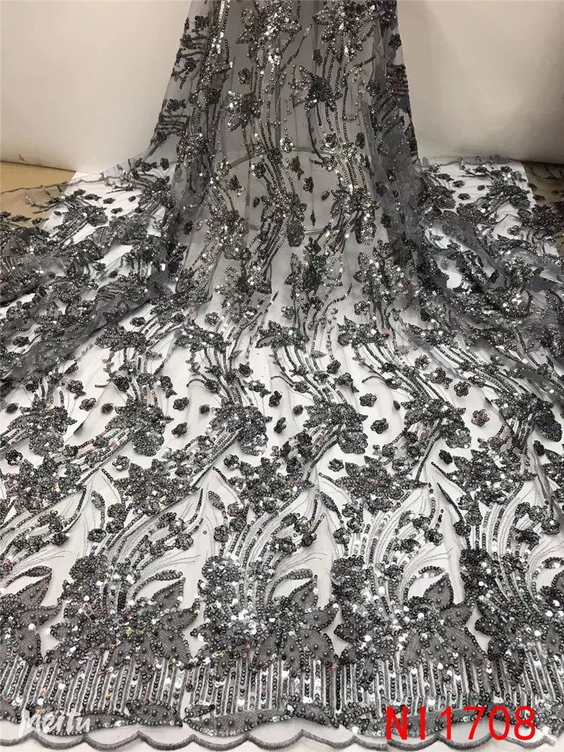 Free Shipping Green Sequins Lace Fabric with Beads High Quality African Nigerian Tulle Mesh Net for Wedding Dress NI1708 | Дом и сад