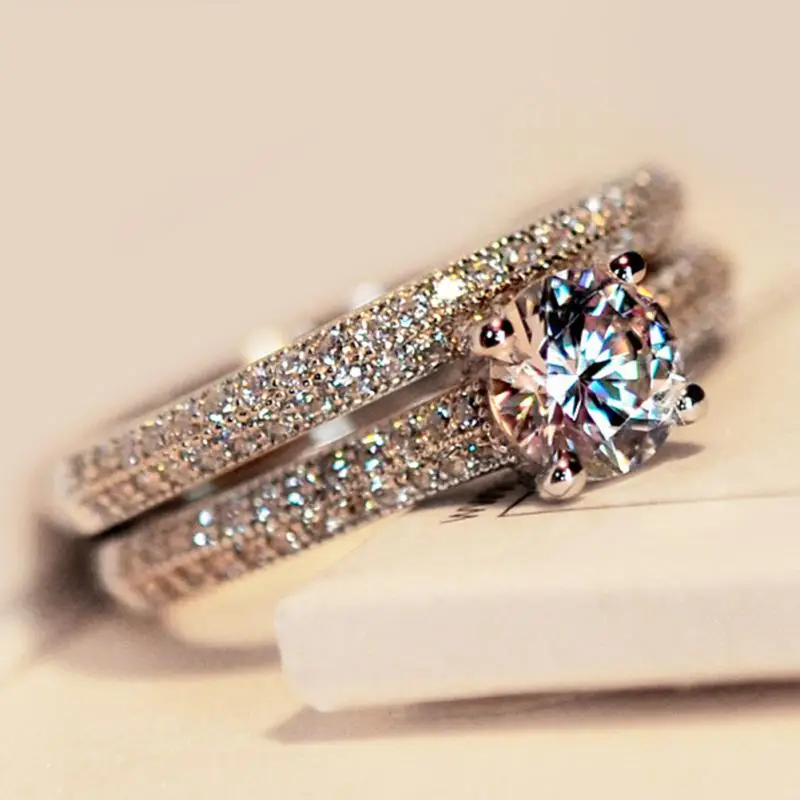 Пара новых модных серебряных блестящих свадебных колец Стразы с кристаллами для