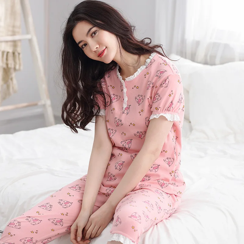 2019 женские пижамные комплекты летние хлопковые пижамы милые Мультяшные