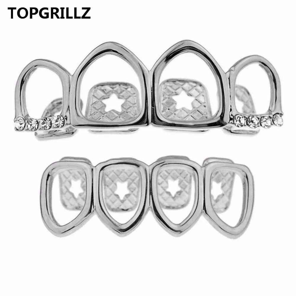 Набор гриля TOPGRILLZ золотого цвета четыре полнолицевых полых зуба топ с фианитами и