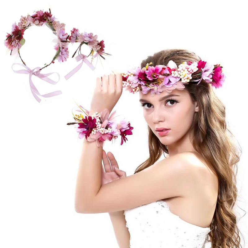 

Женский свадебный венок с цветами розы, свадебная повязка на голову и запястье, корона с цветами для детской вечеринки, аксессуары для волос...