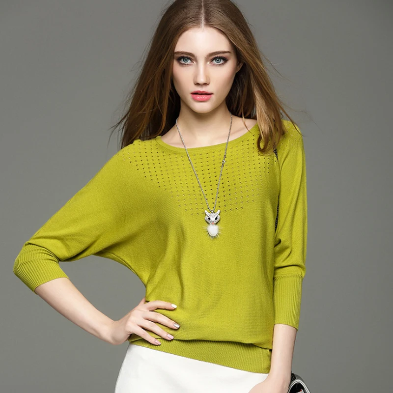 

Women Pullovers 2021 New Spring Fashion Hollow Out Batwing Sleeve Blouses Shirts O-Neck Slim Knitted Sweaters Knitwear Feminino