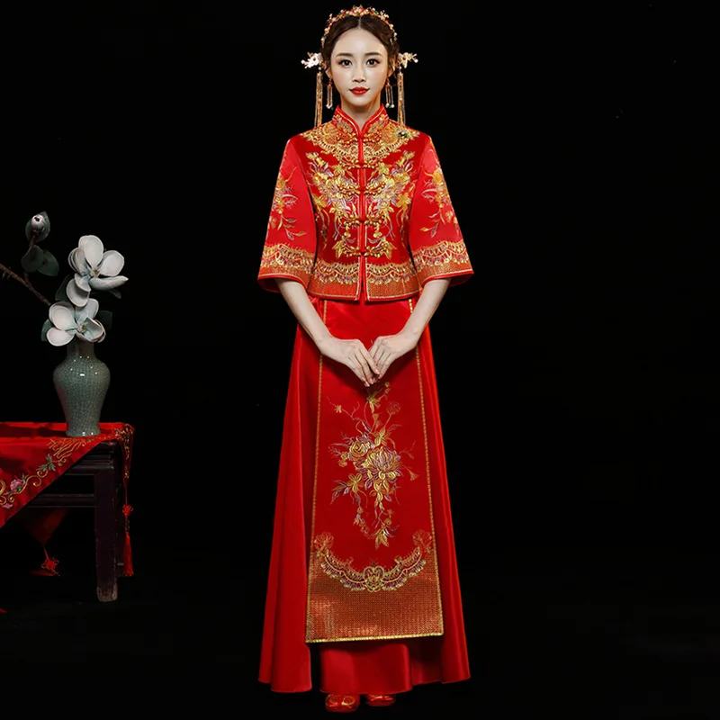 Красное модное благородное Ретро китайское женское платье Ципао для невесты