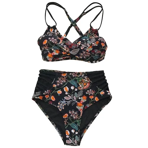 Черный SEASELFIE, Boho, с принтом, Крест Спереди, бикини, наборы,, для женщин, сексуальные, на шнуровке, с высокой талией, с ремешками, два предмета, купальники - Цвет: Черный