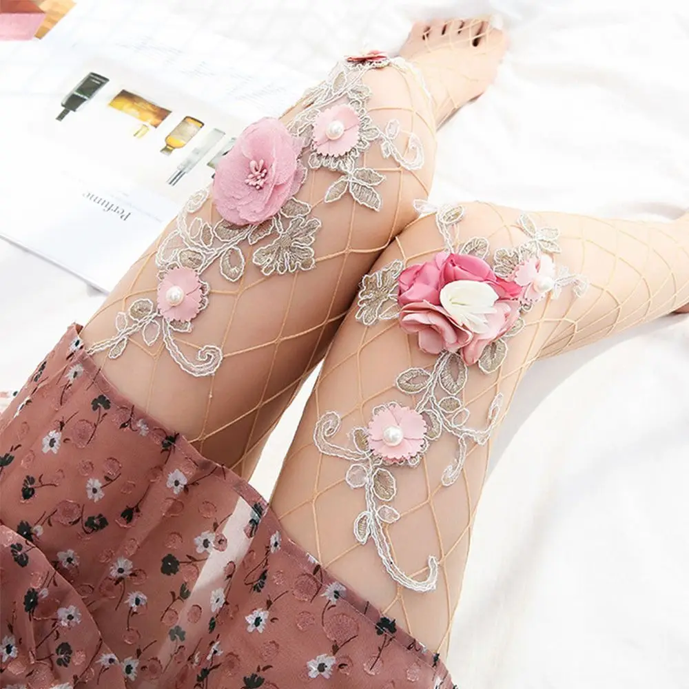 Женские колготки с цветочной вышивкой летние сетчатые большим крючком|Колготки|