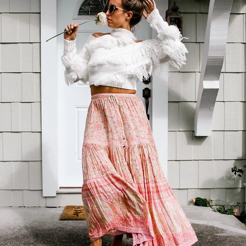 Женская юбка макси с цветочным принтом BellFlower ретро розовая повседневная высокой