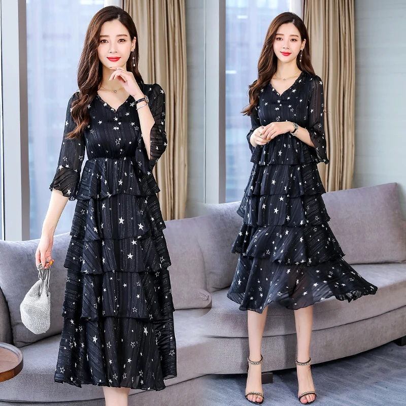 High Quality Bohemian Style 2019 Summer New Arrival V Collar Flare Sleeve Stars Printed Woman Chiffon Long Cake Dress | Женская одежда