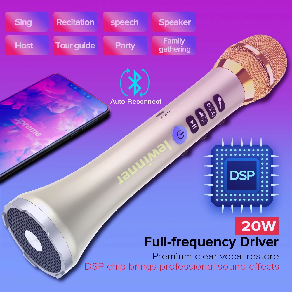 Lewinner, обновленный L-698D, профессиональный, 20 Вт, портативный, беспроводной, Bluetooth, караоке, микрофон, динамик с большой мощностью для пения/встречи