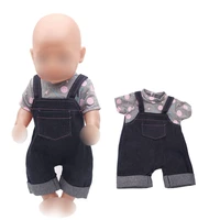 43 cm baby dolls clothes newborn black jean overallsgray print t shirt baby toys fit american 18 inch girls doll a2