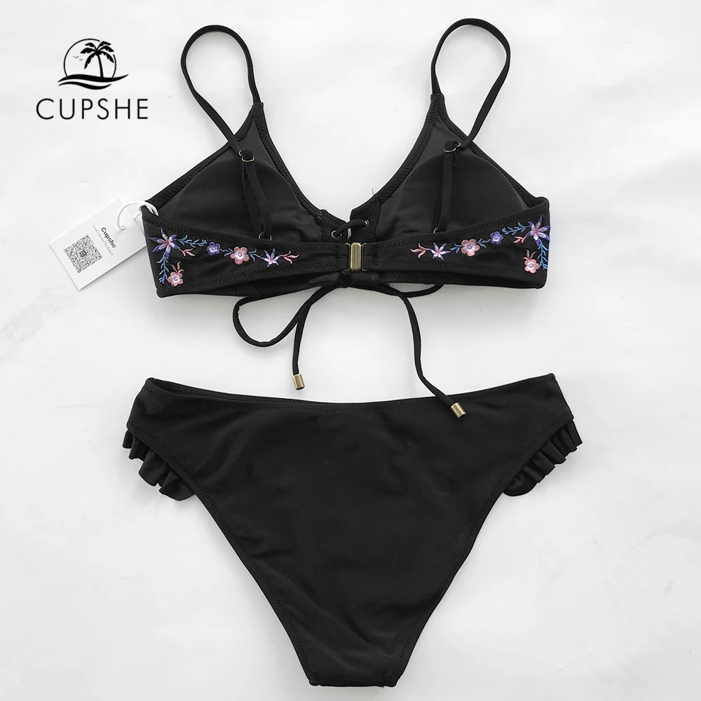 Женский купальник-бикини CUPSHE Sakura черный купальник с оборками на шнуровке для