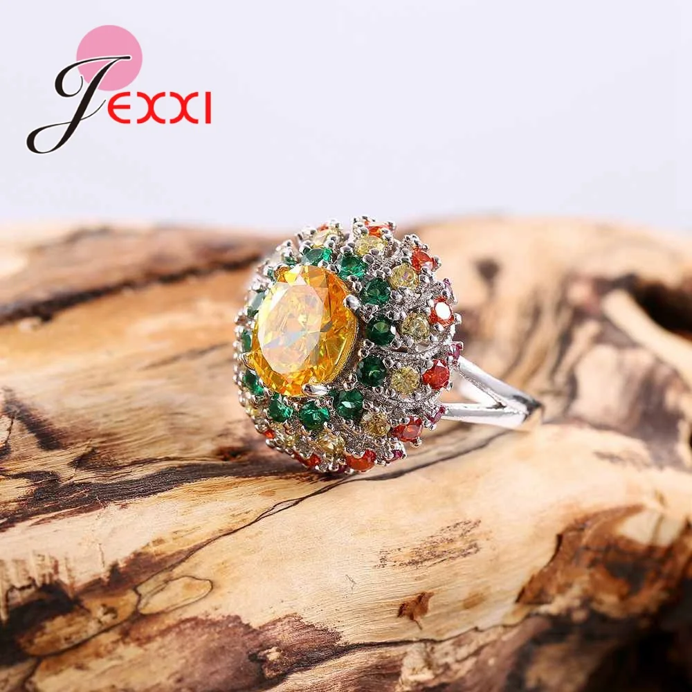 Retro Jewelry Colorful Crystal Ring Size 10 For Women 925 Sterling Silver Yellow CZ Filled-zirconia Stone Flower Anel | Украшения и