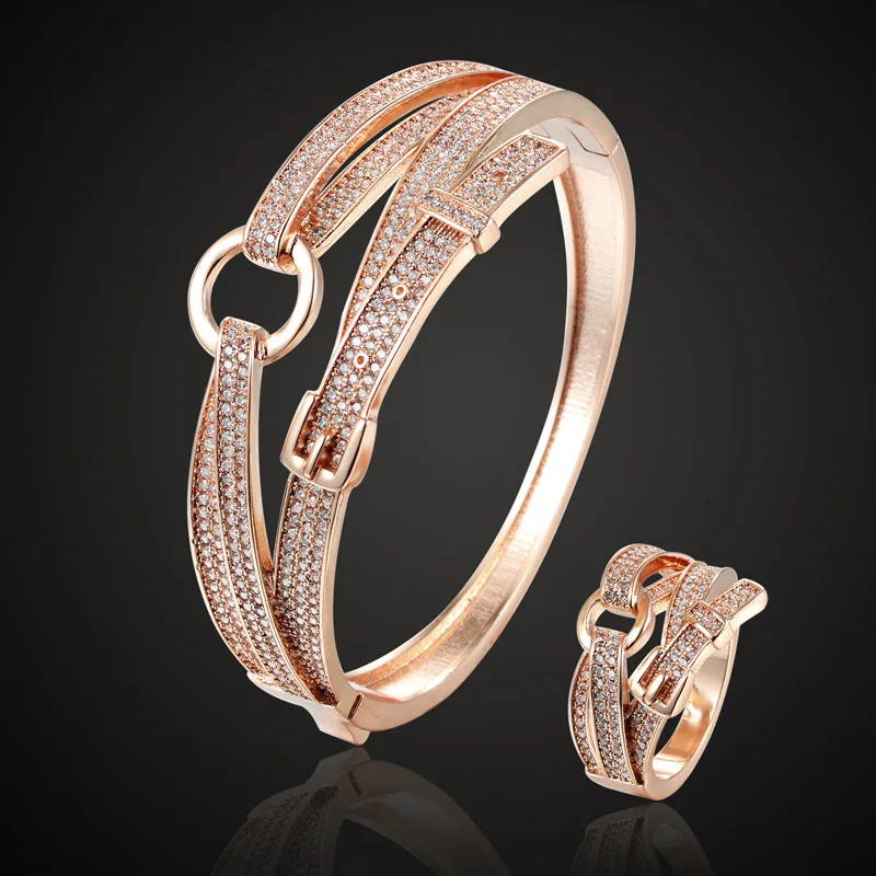 Набор женских ювелирных изделий из медного браслета и кольца с фианитом|jewelry sets