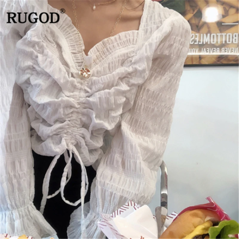 RUGOD шифоновые элегантные однотонные женские блузки с расклешенными рукавами и v-образным вырезом средней длины, плиссированные тонкие винтажные женские блузки в Корейском стиле modis femme blusas mujer