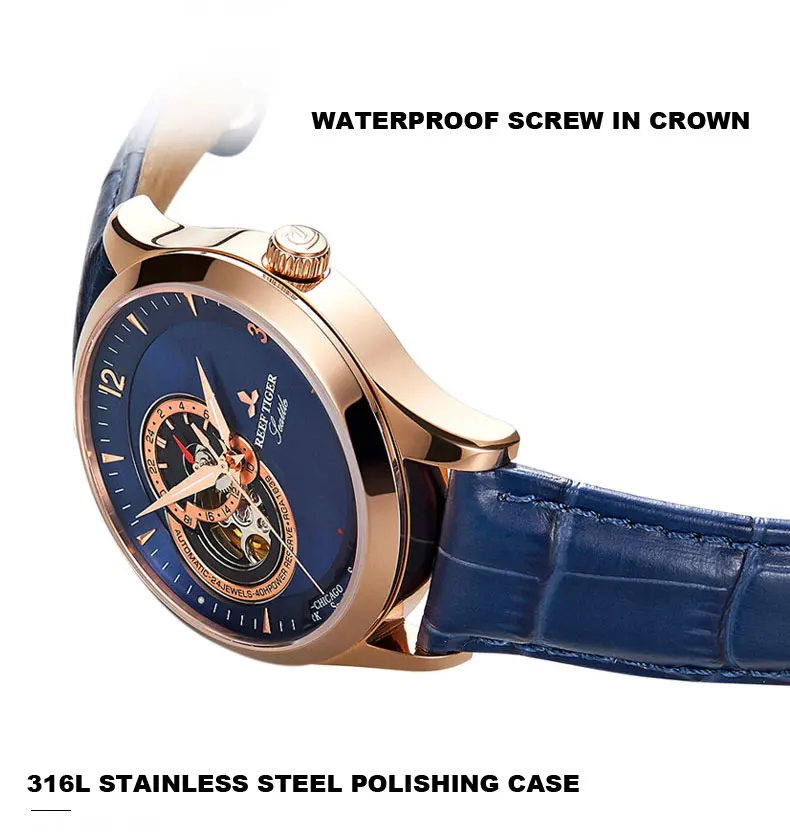 Reef Tiger Settle Serier RGA1693 мужские деловые модные часы holet Out Dia автоматические механические наручные часы с кожаным ремешком