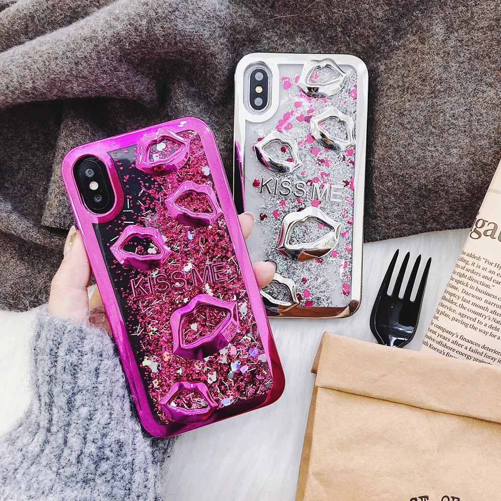 Electroplate lips Dynamic Liquid Quicksand Phone Case For Samsung S10 Plus lite S8 S9 S7 Edge A7 2018 for iPhone XS MAX XR |