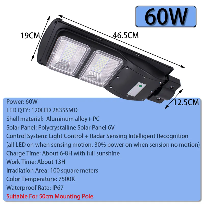 60W 120LED 60/90 Вт 120/180LED Солнечный уличный светильник радар+ PIR датчик движения открытый настенный светильник Солнечный водонепроницаемый Ландшафтный садовый светильник - Испускаемый цвет: 60W 120LED