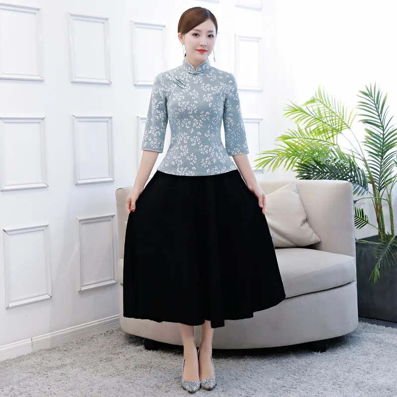 Осенние Топы Cheongsam, повседневные традиционные китайские топы, весенне-летний костюм с рукавами три четверти, фиолетовые Топы