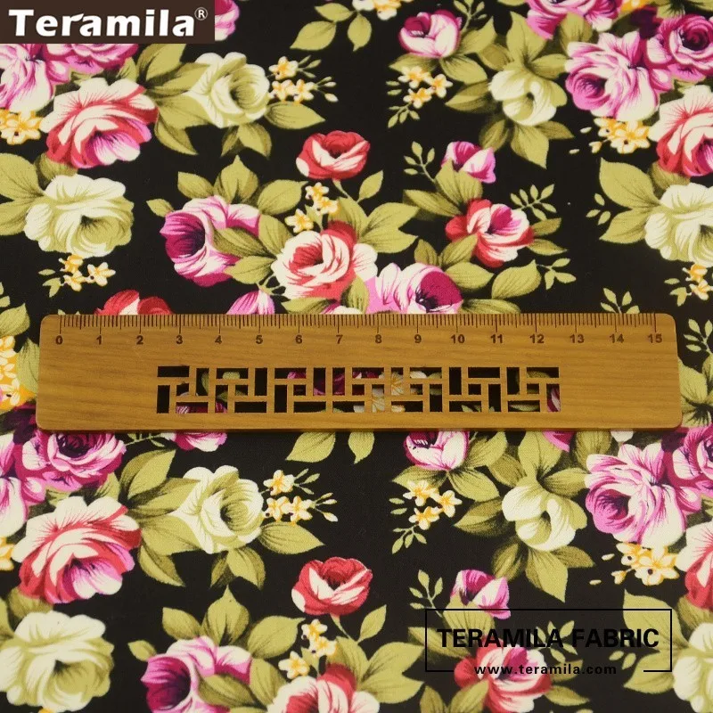 Ткань Teramila хлопок поплин черная с цветочным принтом ручная работа|textil decoration|cotton