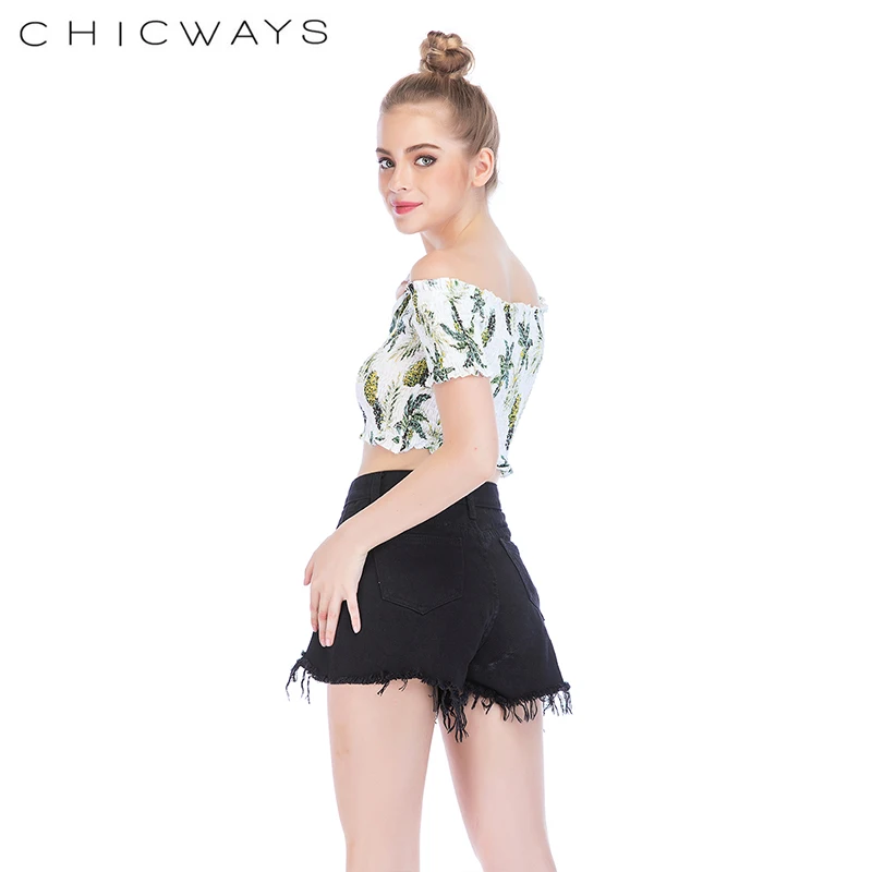 Chicways с открытыми плечами и принтом сексуальный топ на бретелях Ruching ruffle кружевные