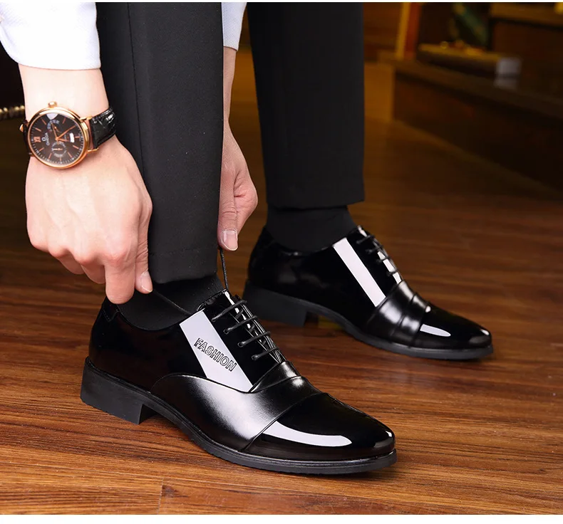 Height increasing 6CM Pointed Toe Formal Men Dress Shoes Patent Leather Wedding Shoes for Men Elegant Black Leather Shoe