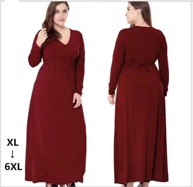 Новинка 2019 женское платье размера плюс XL 6XL весна осень одноцветное винно красное