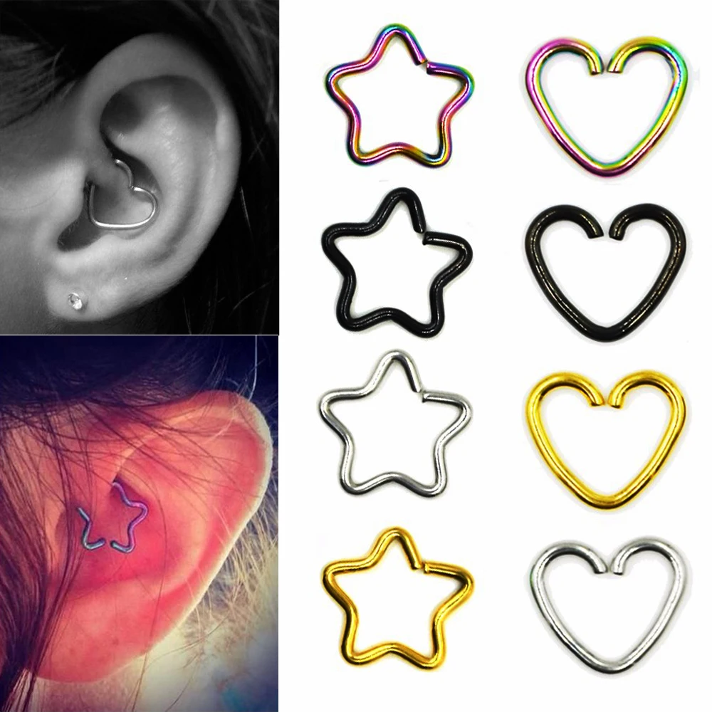 2 шт Daith сердце кольцо звезда форма ушной хрящ орбитальные Спиральные серьги поддельные трагус Пирсинг обруч уха шпильки губы Нос Кольца ювелирные изделия
