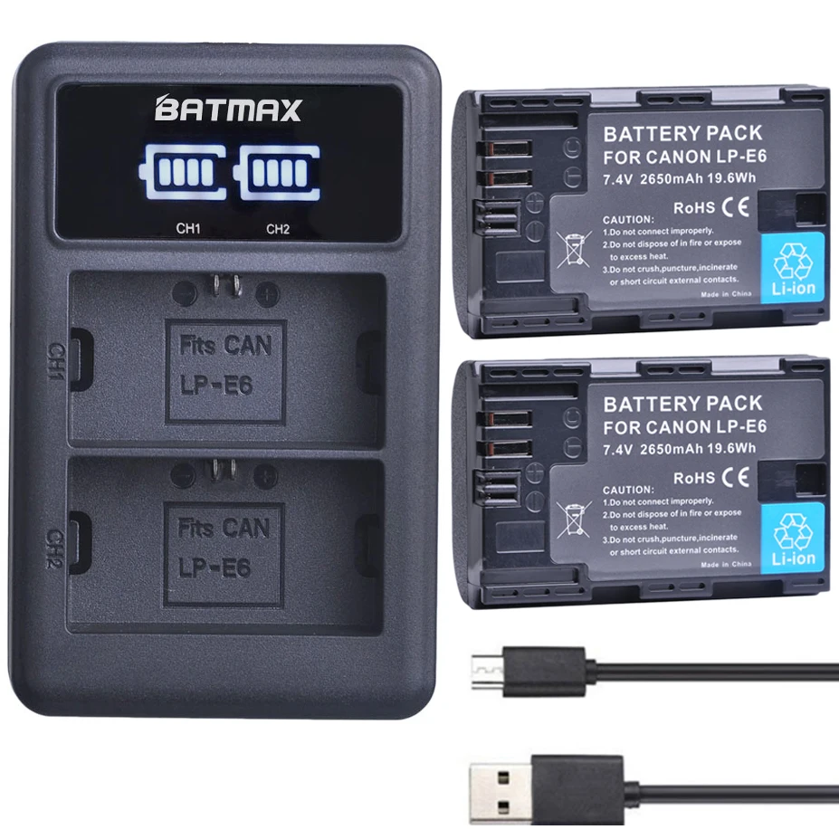 2x LP E6 LPE6 LP-E6 E6N Battery 2650mAh + LED Dual Charger For Canon EOS 5DS R 5D Mark II III 6D 7D 80D Camera | Электроника