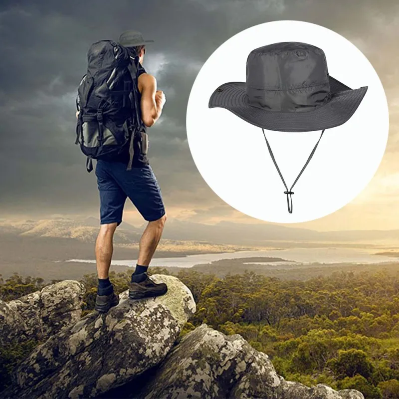

Fisherman Bucket Cap Wide Brim Adjustable Breathable Waterproof Sunshade Folding Sports Hat Outdoor Sportswear With Chin String