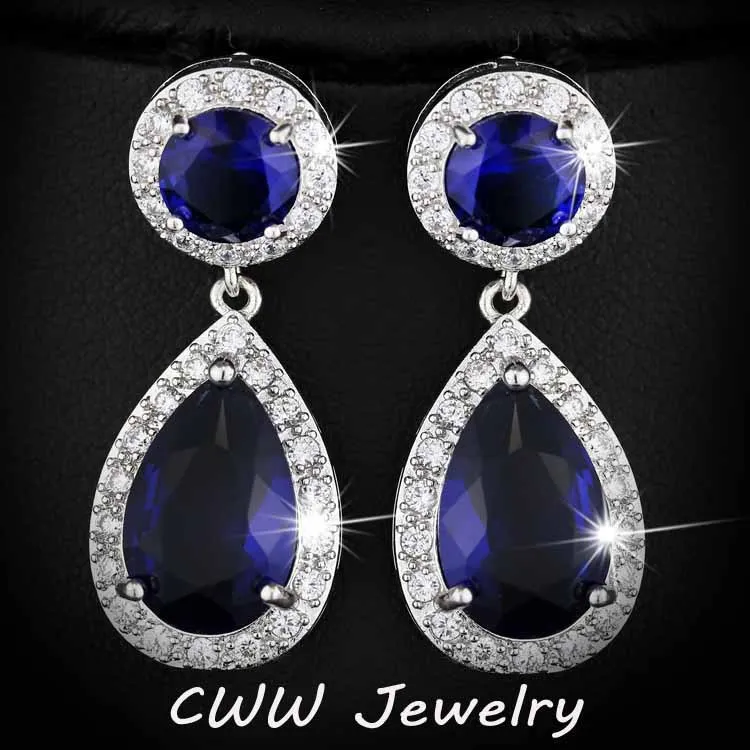 CWWZircons брендовые классические красные, фиолетовые, зеленые, 2,8 карат, большие длинные висячие серьги с кристаллами CZ для женщин, модные циркониевые ювелирные изделия CZ014 - Окраска металла: blue