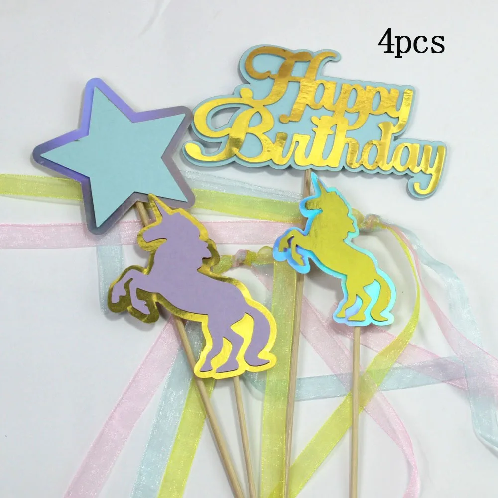 blue happy 4pcs 12 компл. Мультфильм розовый голубой Единорог обертки для кексов Свадьба для именинного пирога декоративный для Бэйби шауэра вечерние поставки Единорог торт Топпер - Цвет: blue happy 4pcs