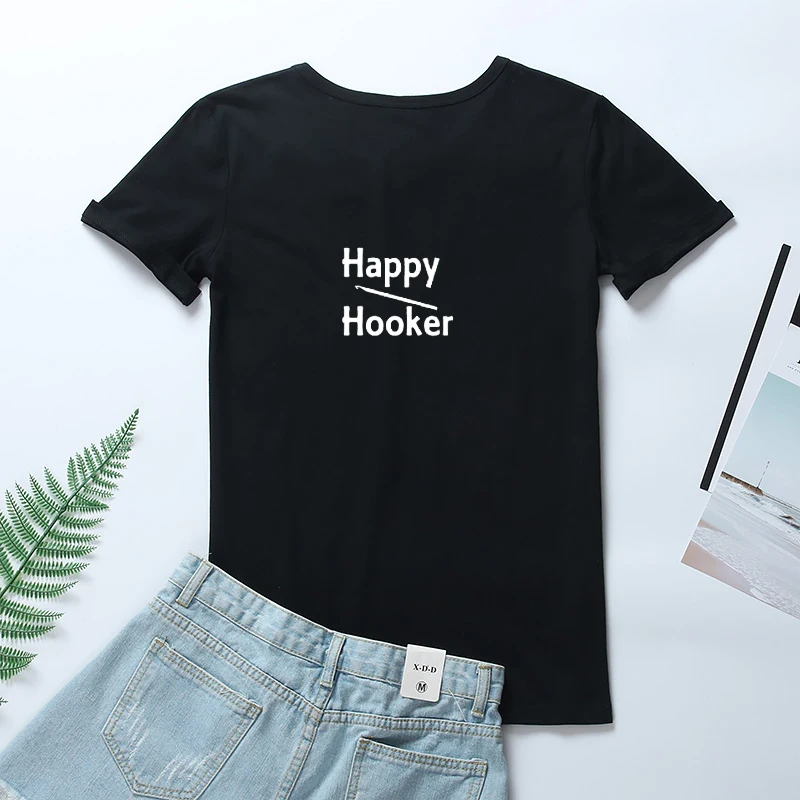 OLN 2018 Happy Hooker короткий рукав футболки хлопок для женщин корейская мода