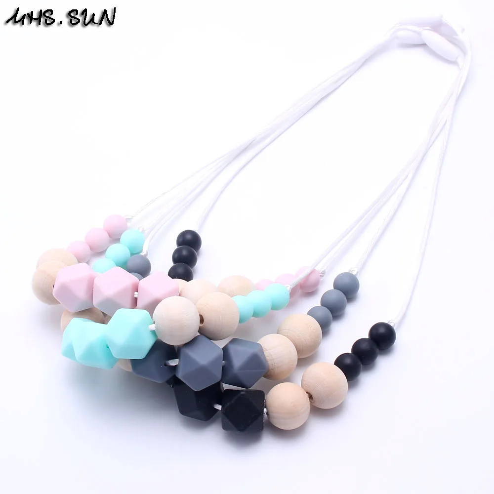 MHS.SUN Food grade material silicone&ampwooden beads necklace long rope chain cute baby teething suit breastfeeding women | Украшения и