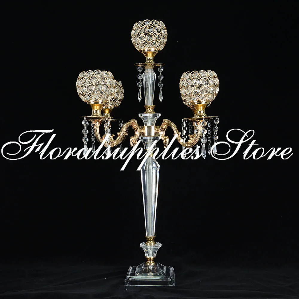 75cm Tall 5-arms Metal Gold Crystal Candle Holder Wedding Candelabra Table Centerpiece Event Road Lead Candle Stand