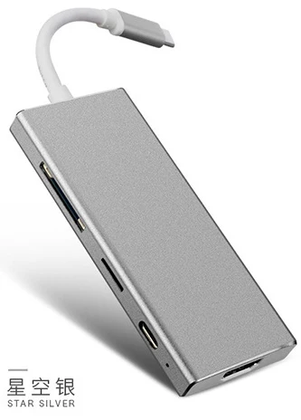 Sliver Мульти USB 3,1 type-C H к HDMI 4 K, 2 USB 3,0 порта, SD/TF карта с DP зарядным адаптером 7 портов usb type C конвертор - Цвет: Sliver