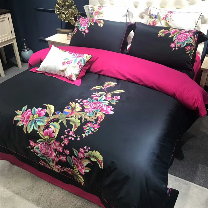 

Queen King size Luxury Egyptian Cotton Silky Black Bedding Set Oriental Embroidery Floral Duvet cover Bed sheet set 36