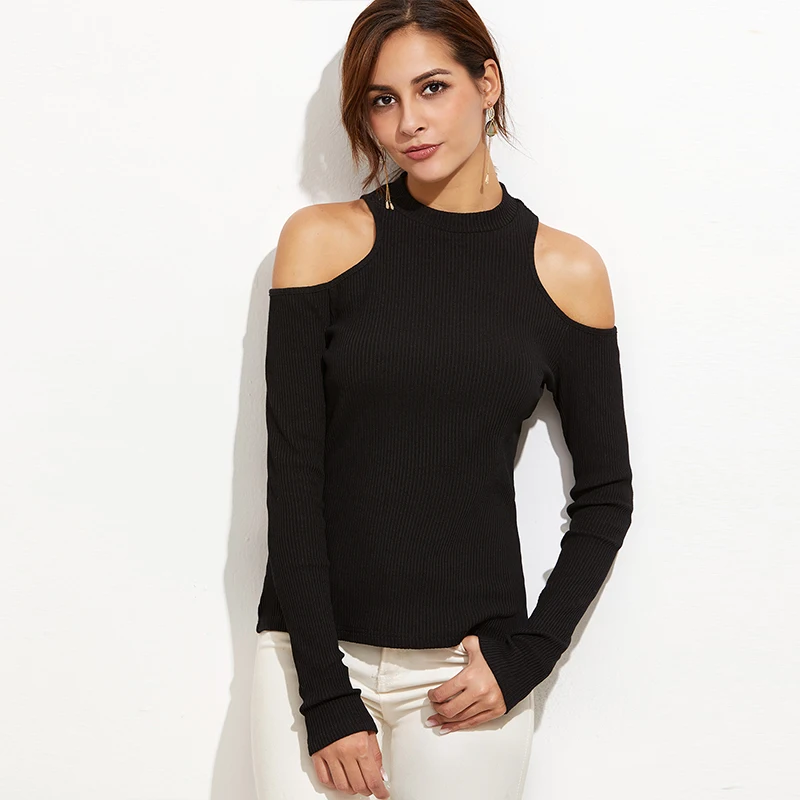 Women Solid Black Off Shoulder Round Neck Full Sleeve Basic Femme Bodycon T Shirts 2019 New Arrived Ladies Fashion Top Mujer | Женская