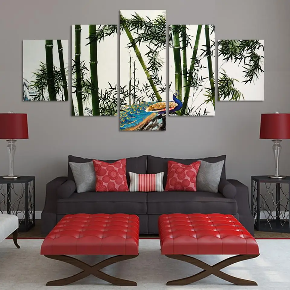 Unframed 5 Panels Bamboo And Peacock Modern Wall Painting Green Art Landscape Pictures Large HD Artwork Photos | Дом и сад