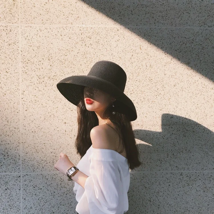 

Audrey Hepburn straw hat sunken modelling tool bell-shaped big brim hat vintage high pretend bility tourist beach atmosphere